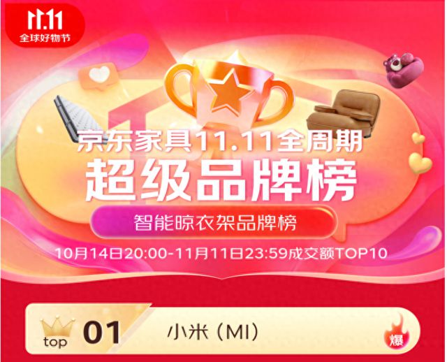 米家智能晾衣机双11京东成交额TOP1凯发k8国际6大单品上榜 包揽金榜前三(图2)